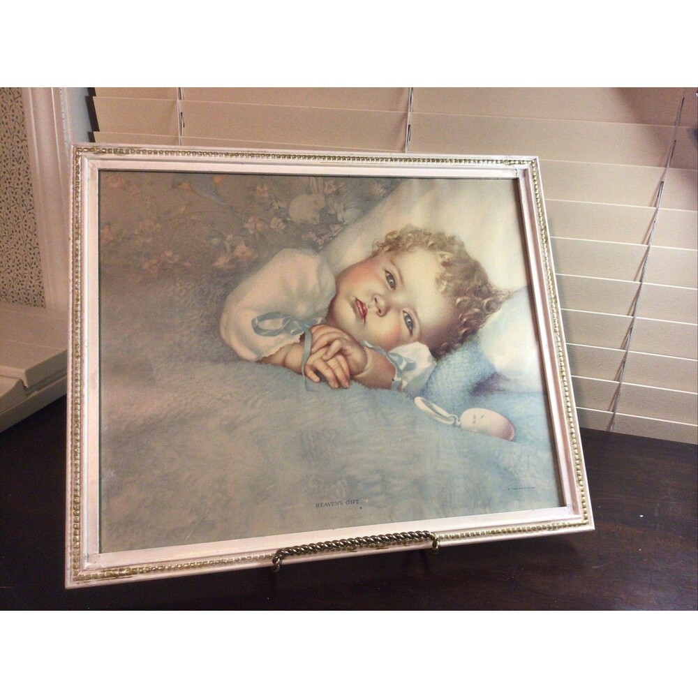 VTG 1940s Annie Benson Muller Heavens Gift Framed Nursery Print 14.25 X 17